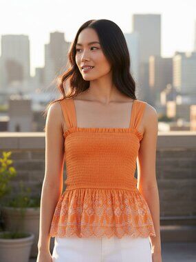 NEW Loft XL Orange Embroidered Smocked Peplum Cami Tank Top Boho Cottage Chic